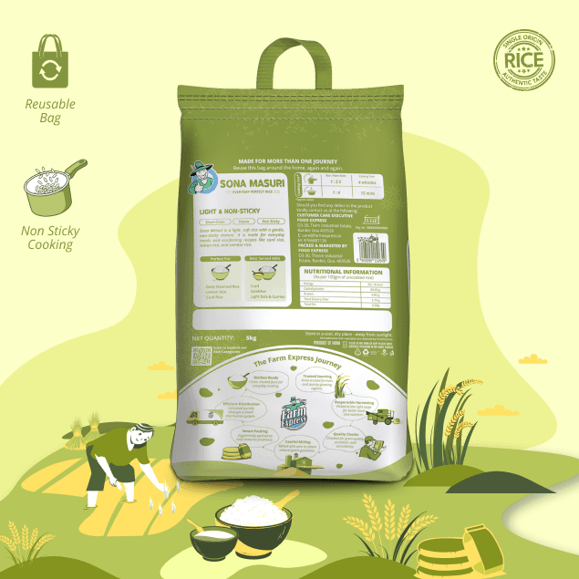 Sona Masuri rice pack — back, cooking and nutrition details