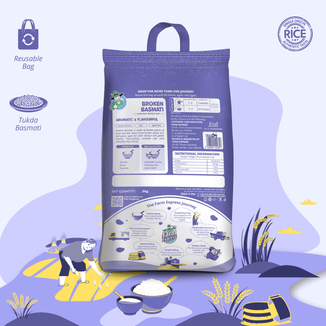 Broken Basmati rice pack — back, cooking and nutrition details