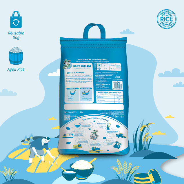 Daily Kolam rice pack — back, cooking and nutrition details
