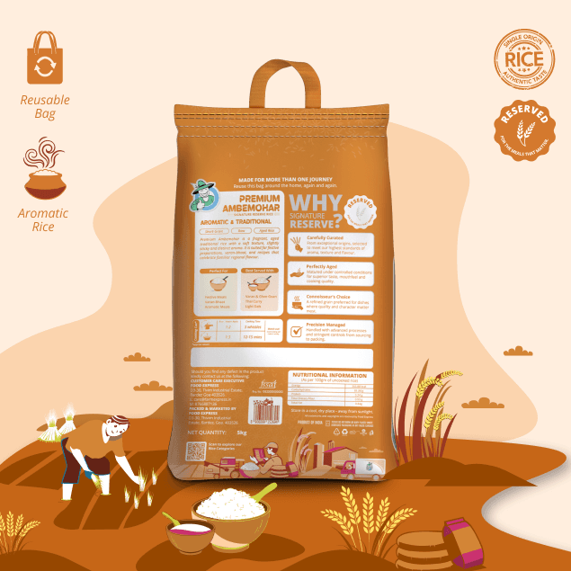 Premium Ambemohar rice pack — back, cooking and nutrition details