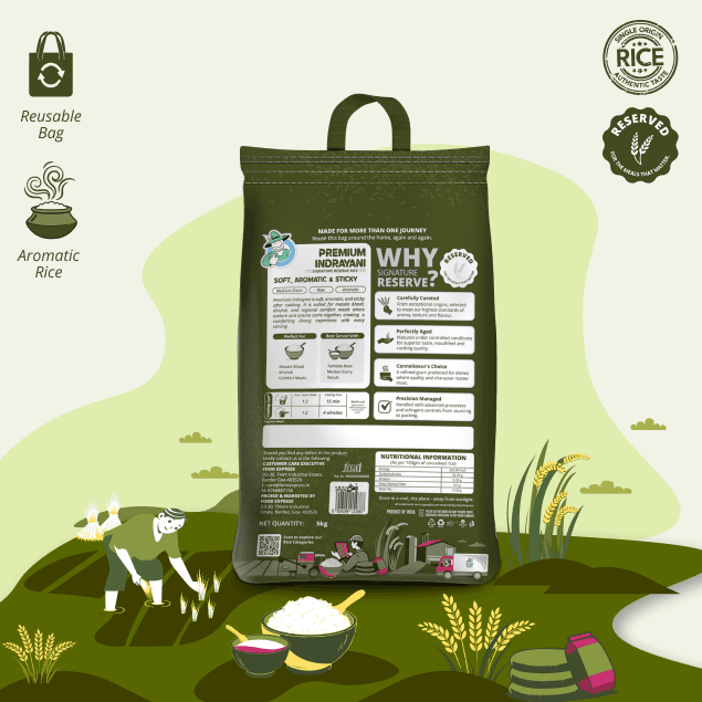 Premium Indrayani rice pack — back, cooking and nutrition details