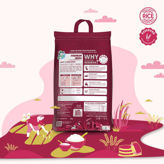 Premium Jeera rice pack — back, cooking and nutrition details