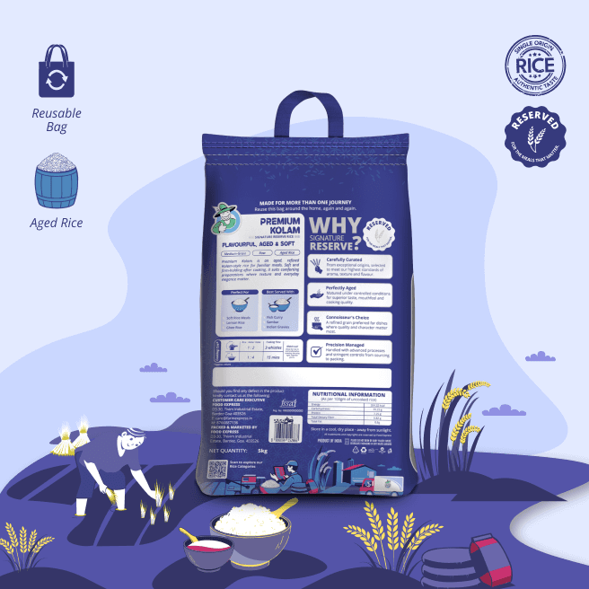 Premium Kolam rice pack — back, cooking and nutrition details